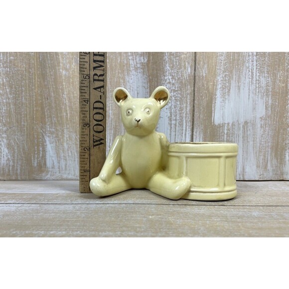 Vintage Haeger Pottery Yellow Teddy Bear & Drum Planter w/Gold Highlights - Picture 8 of 10
